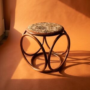 Vtg Thonet Style Bentwood Stool Upholstery Seat Grandmillennial Boho MCM Ottoman